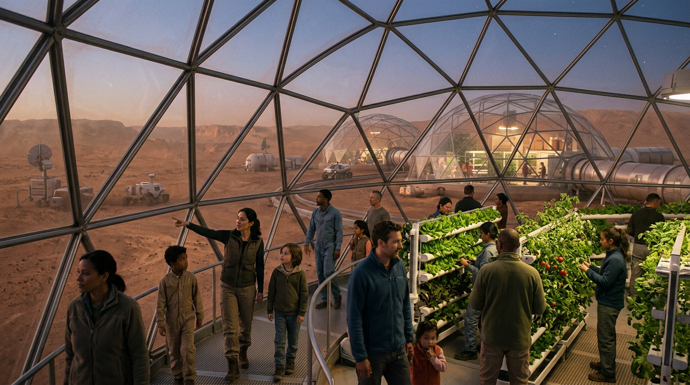People working and walking among hydroponic plants inside a transparent Mars base dome